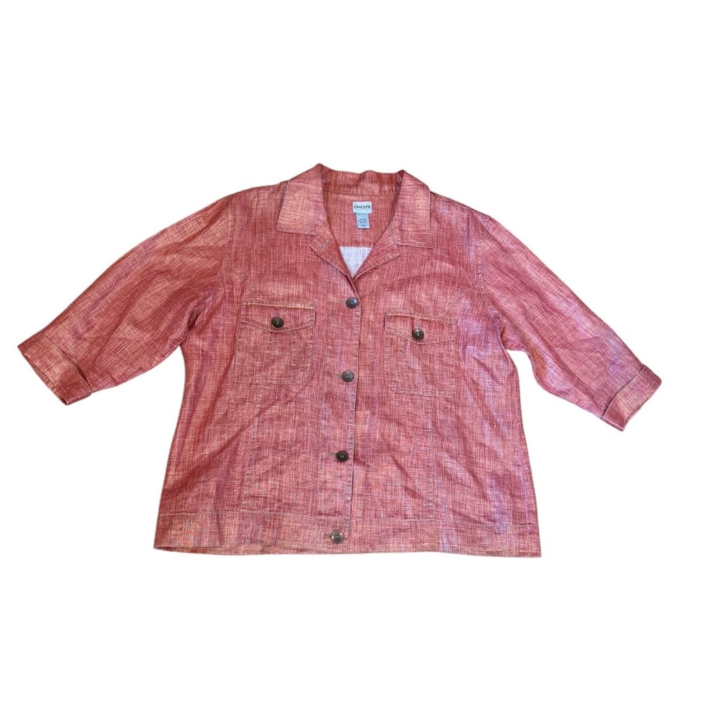 Chico's 100% Linen Button Front Shirt Red Pink Gold Shimmery 3/4 Sleeve Sz 3 XL